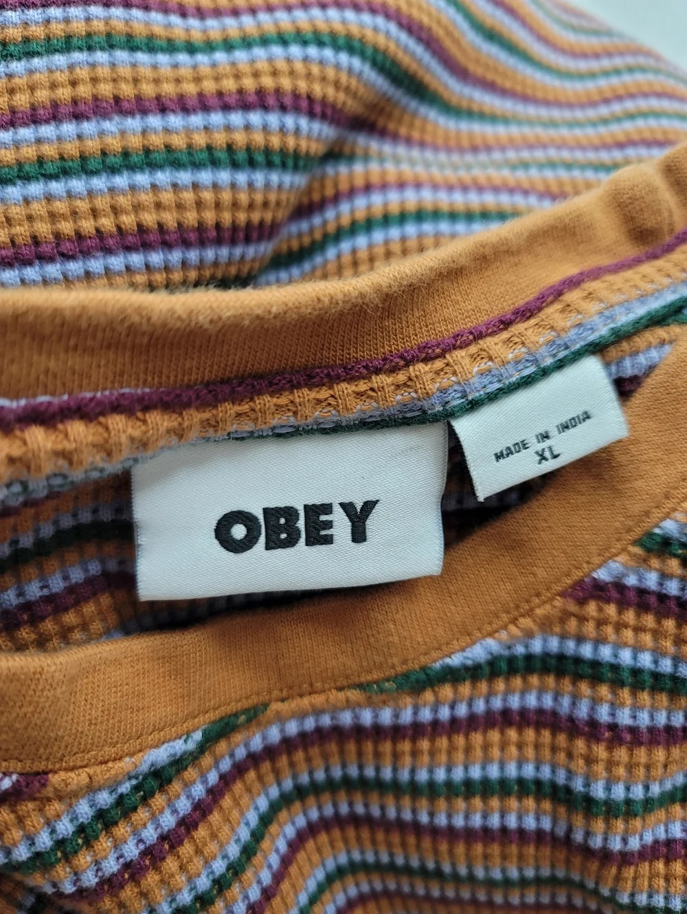 Obey Les Stripe Thermal Shirt Brown Sugar Multi Stripe‎ Long Sleeve 100% Cotton